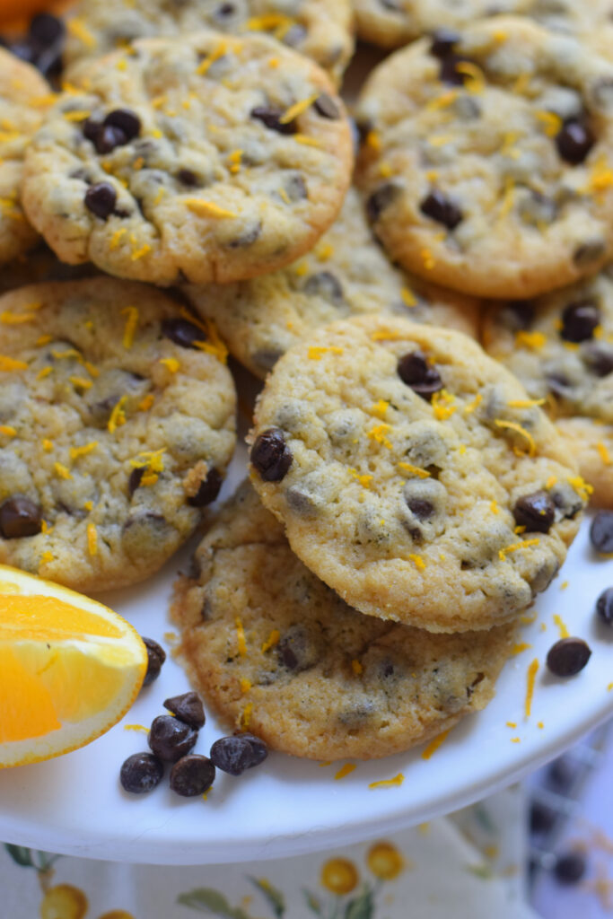 Close up of orange chocolate chip cookies.