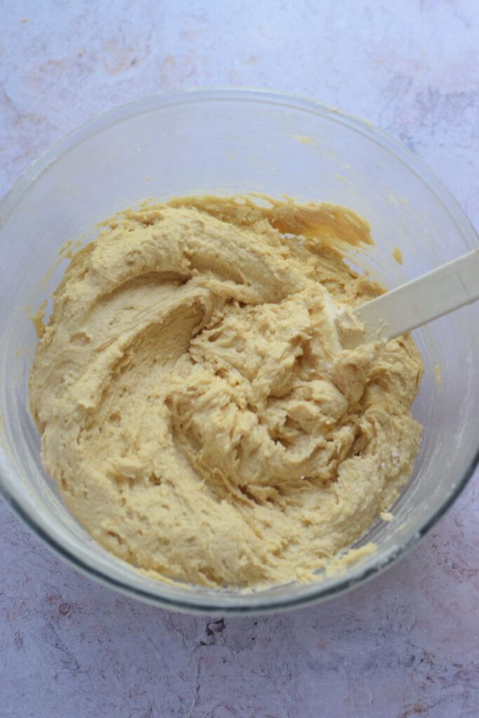 Making cookie dough in a bowl.