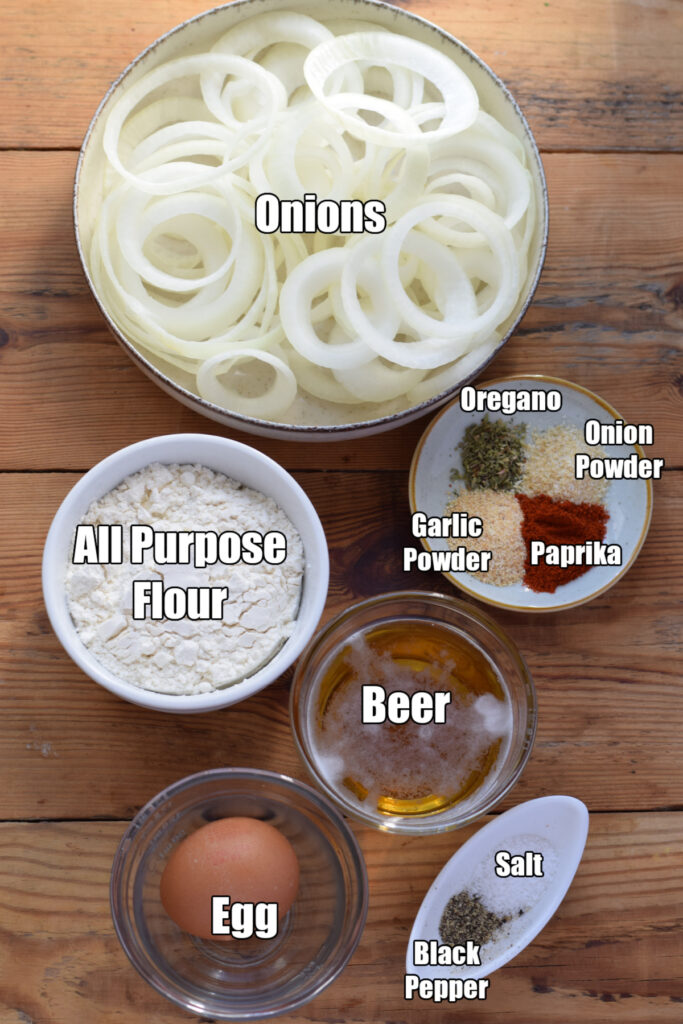 Ingredients to make onion rings.