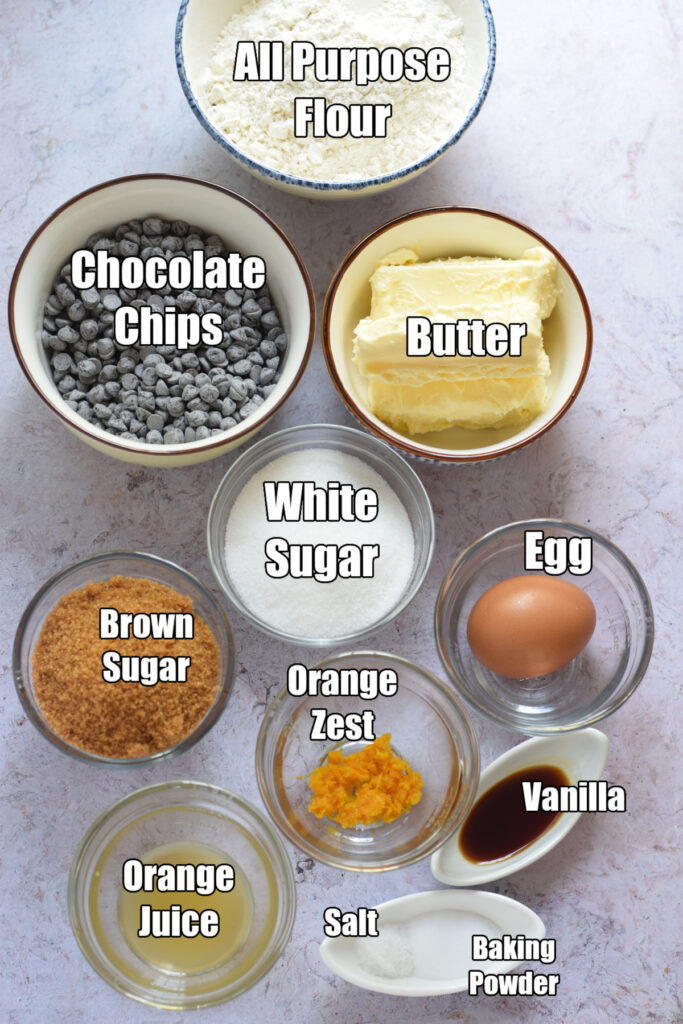 Ingredients to make orange chocolate chip cookies.