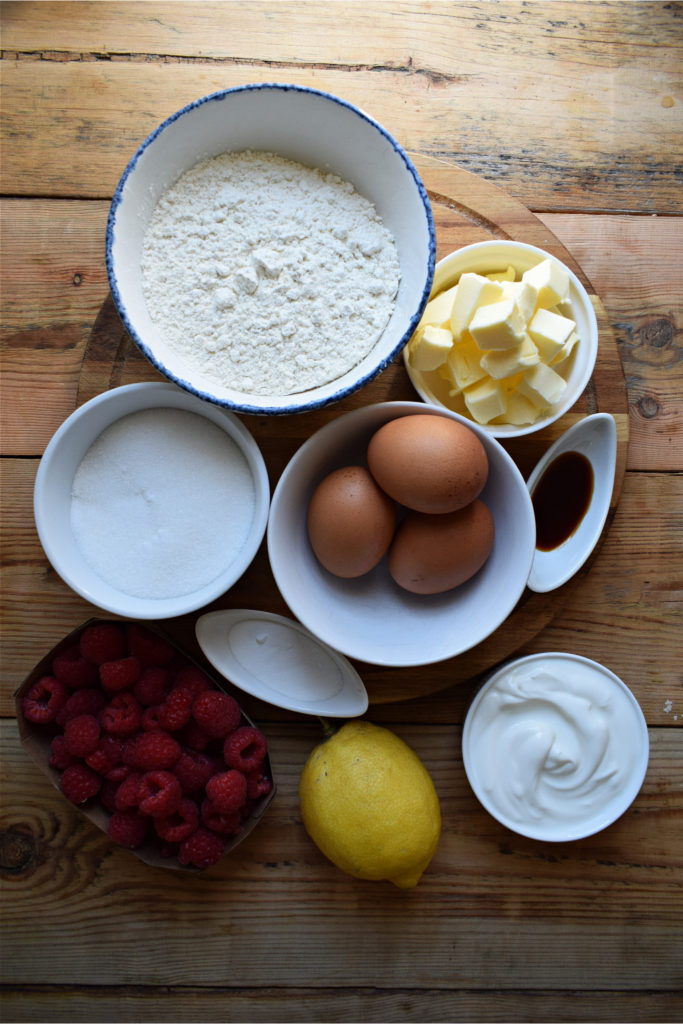 Ingredients to make the Raspberry Lemon Loaf Cake