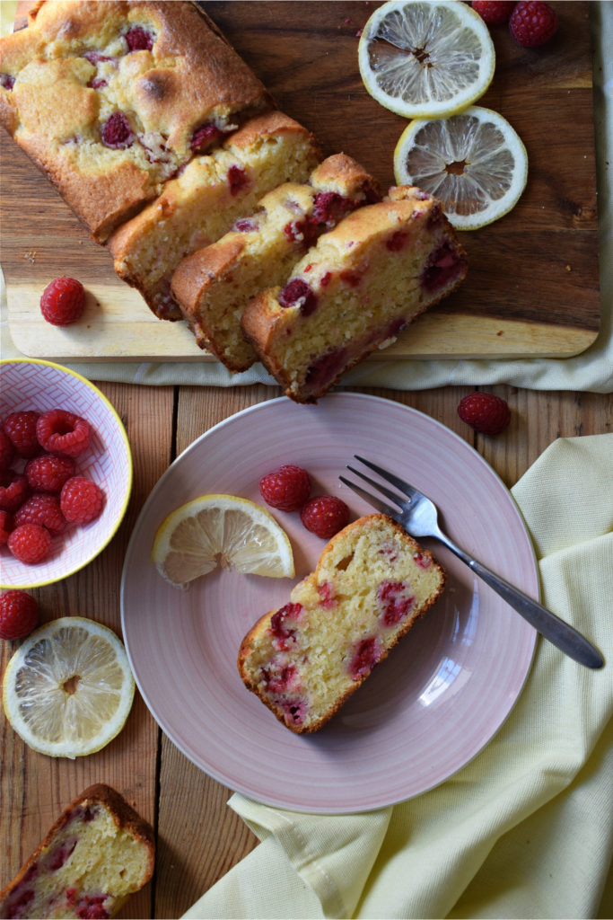 Over head table setting view of the raspberry lemon loaf cake