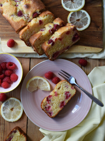 Over head table setting view of the raspberry lemon loaf cake