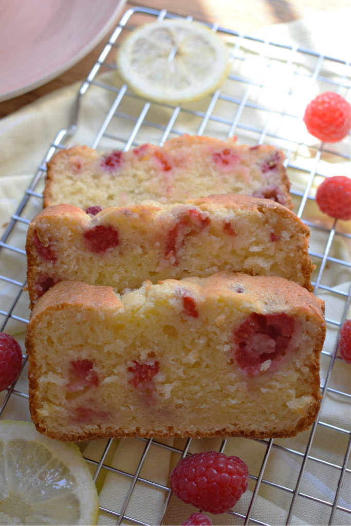 Slices of a raspberry lemon loaf cake