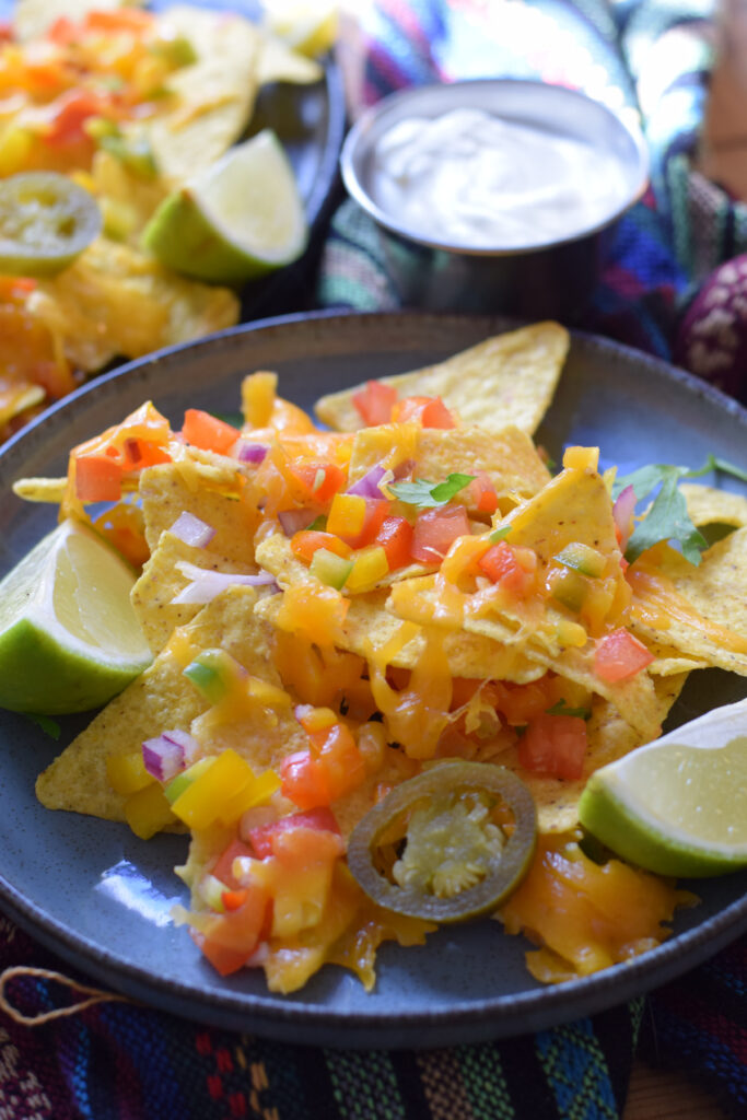 Close up of vegetable nachos on a plate.