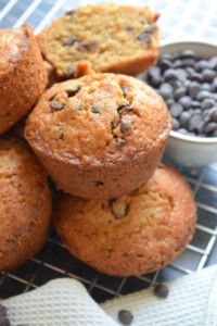 A stack of chocolate chip muffins with zucchini.