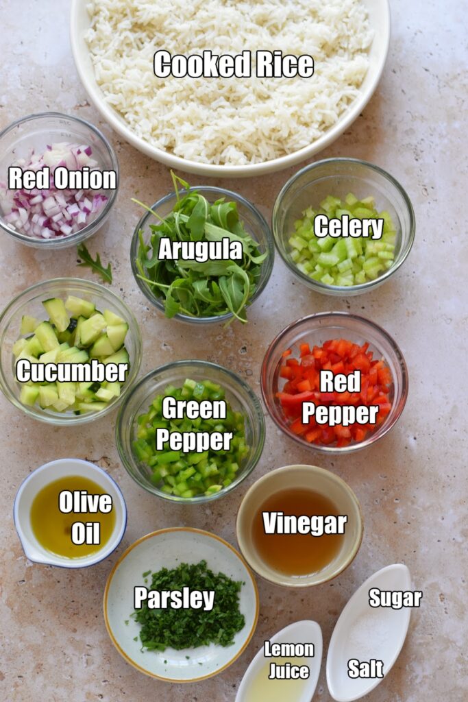 Ingredients to make rice salad.