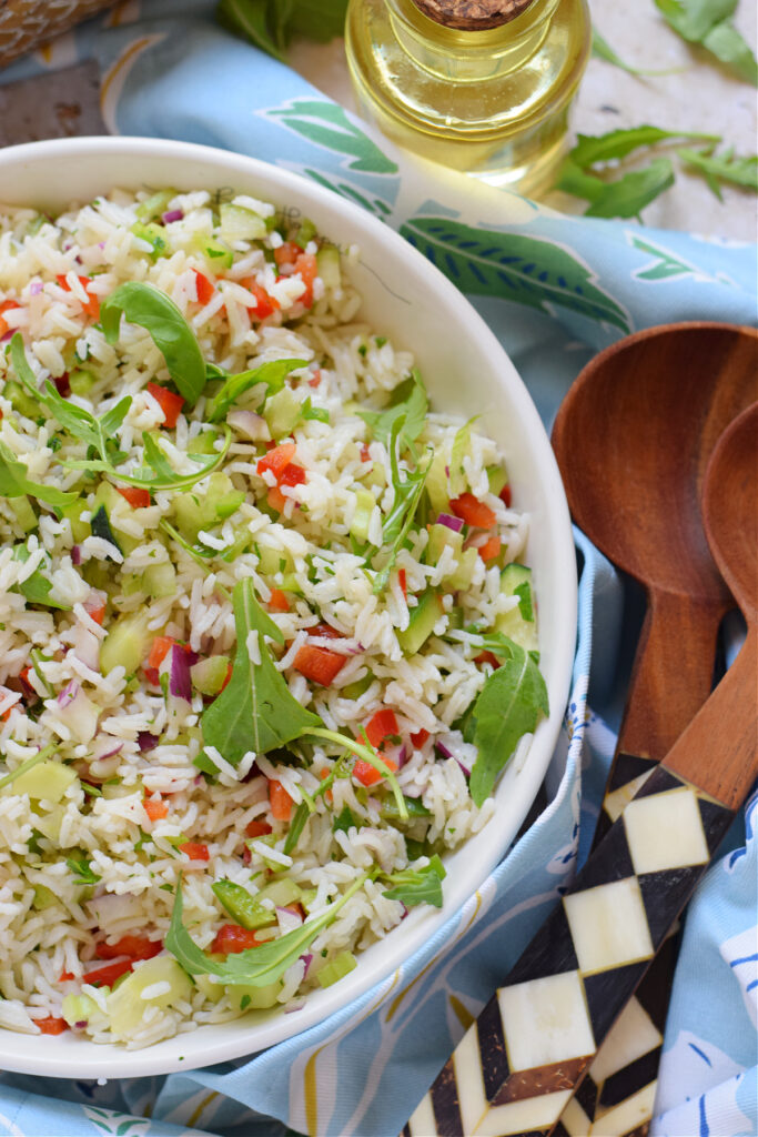 Rice salad recipe in a white bowl.