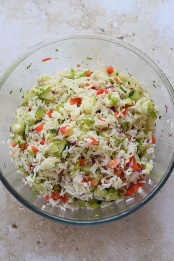 Rice and vegetable salad in a bowl.