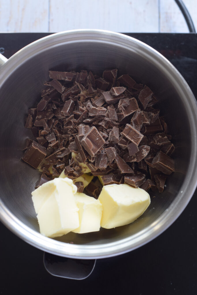 Chocolate and butter in a saucepan.