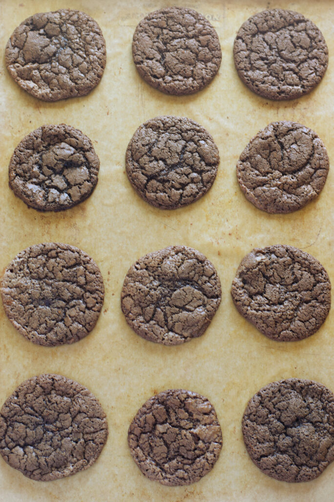 Double chocolate cookies on a baking tray.