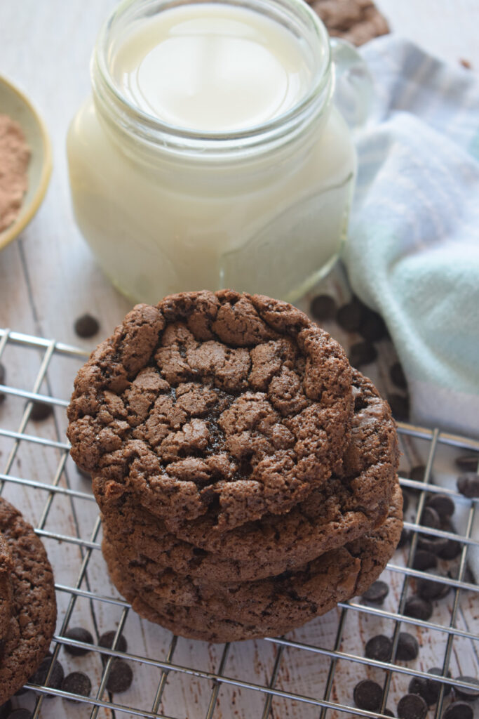 Chocolate cookies with a glass of milk.