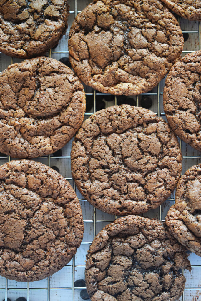 Chocolate cookies on a tray.