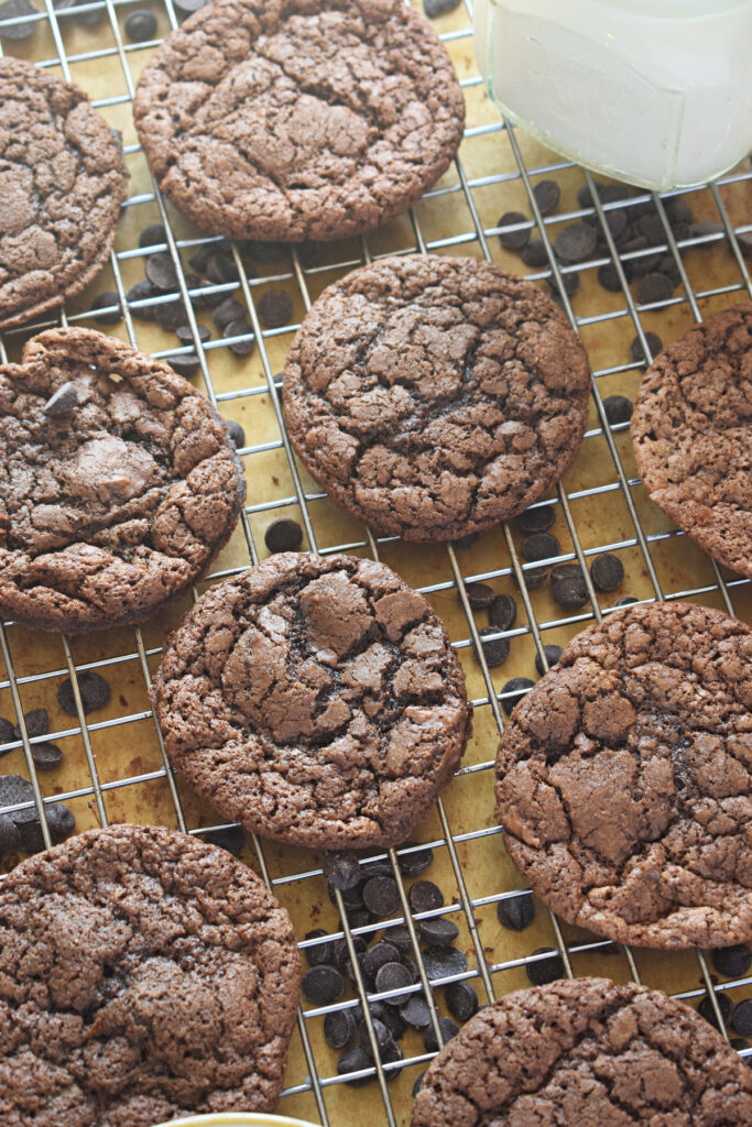 Double chocolate cookies on a tray.