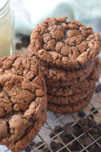 A stack of chocolate cookies.