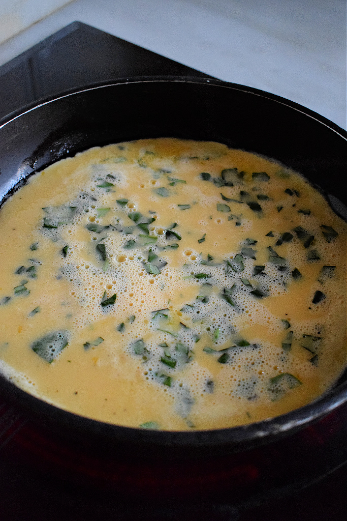 Mozarella & Basil Omelette cooking