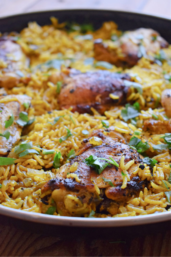 CLOSE UP OF MOROCCAN CHICKEN IN A SKILLET