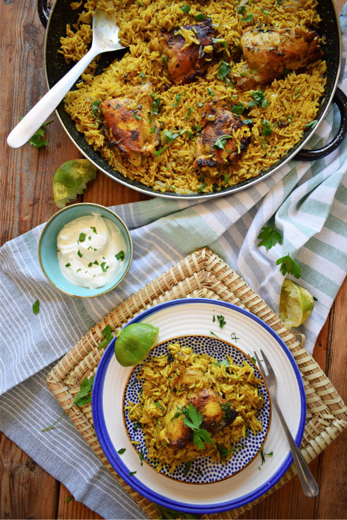 OVER HEAD VIEW OF moroccan chicken and rice