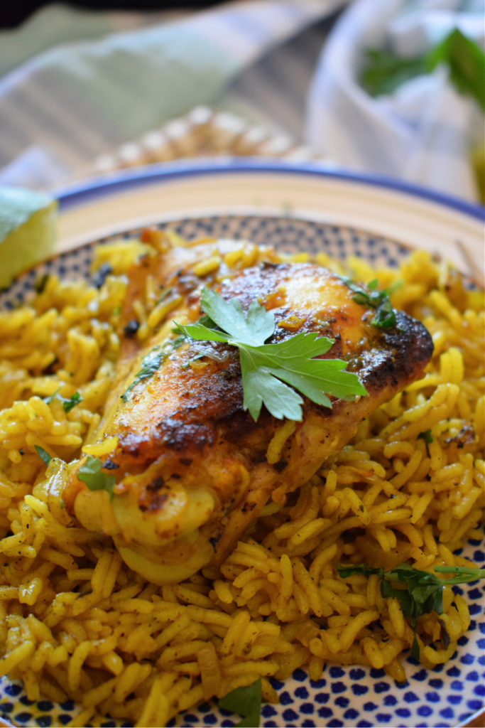 CLOSE UP OF MORRCCAN CHICKEN AND RICE ON A PLACE