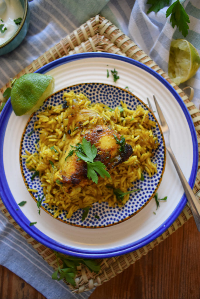 over head view of the moroccan chicken and rice