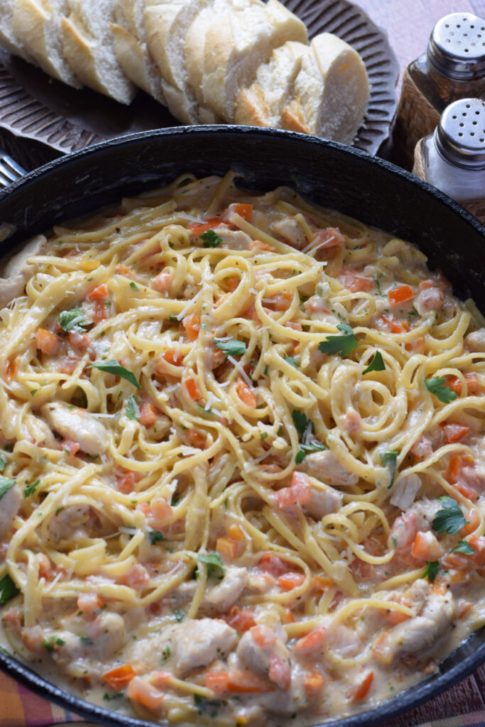 Close up of one pot creamy chicken and pasta.