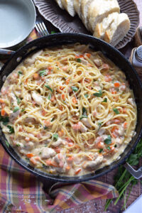 Creamy pasta in a skillet.