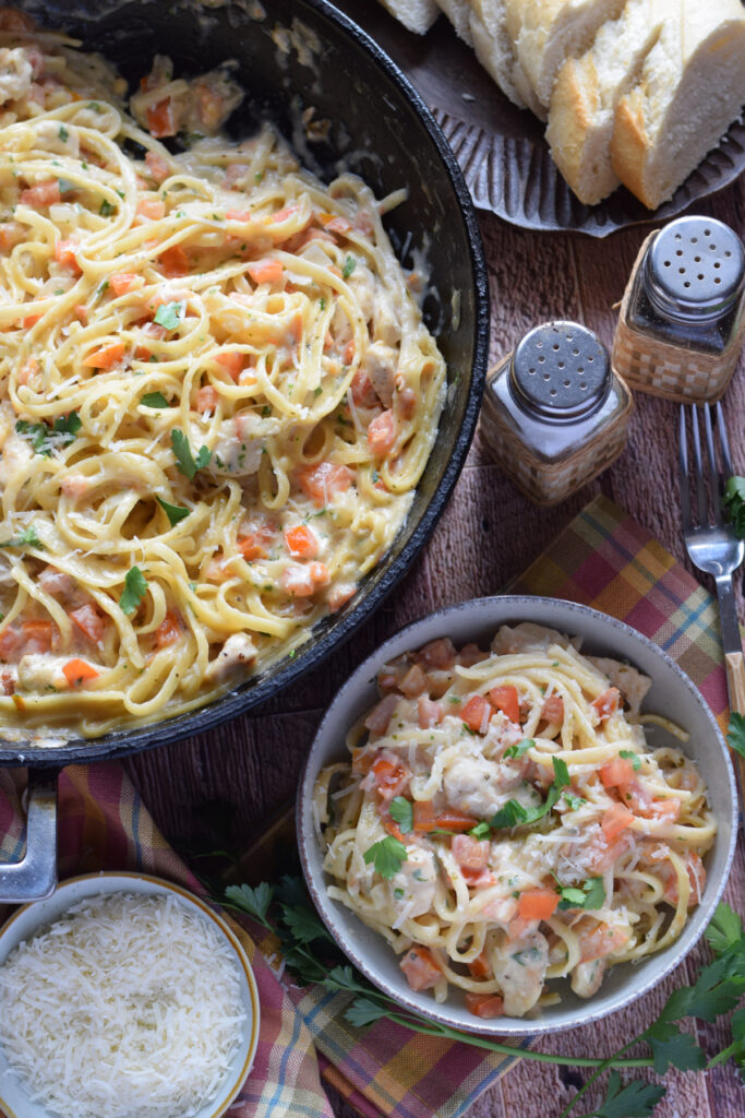 Creamy pasta in a skillet.
