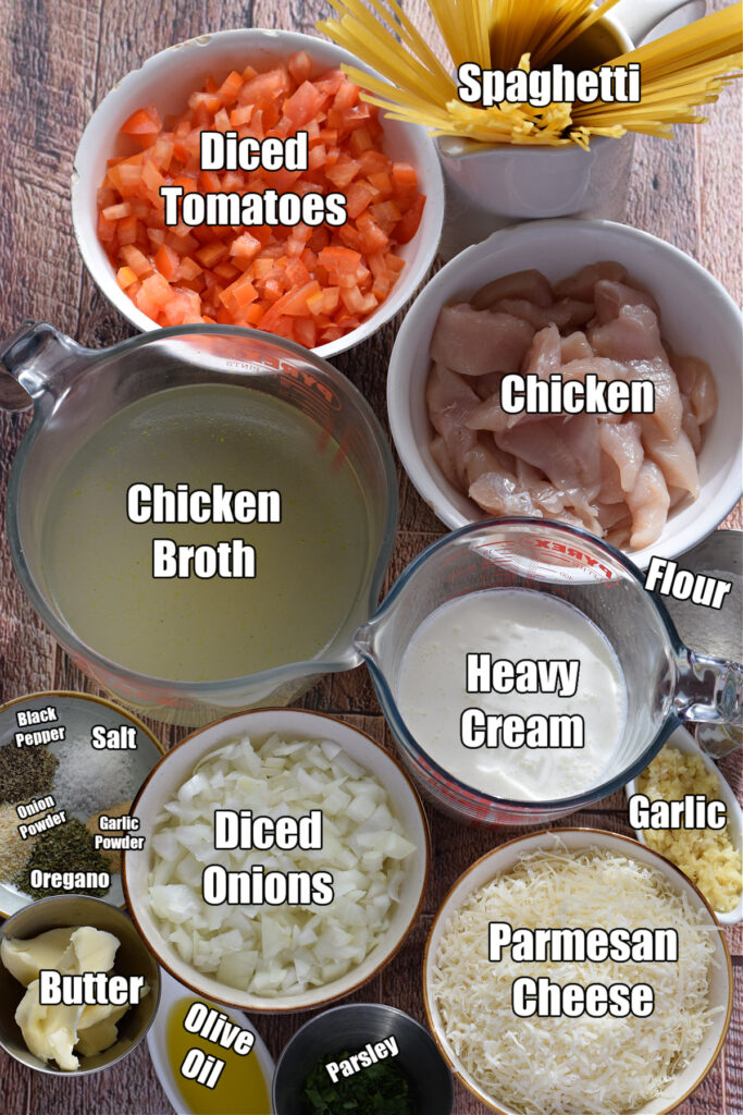Ingredients to make creamy chicken pasta.