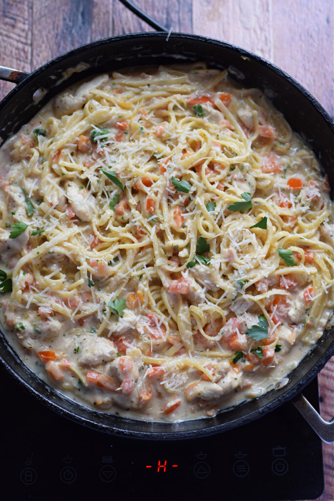 Creamy chicken and pasta.