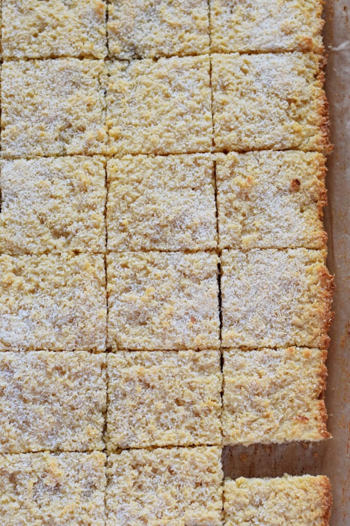Cookie bars in a baking tray.