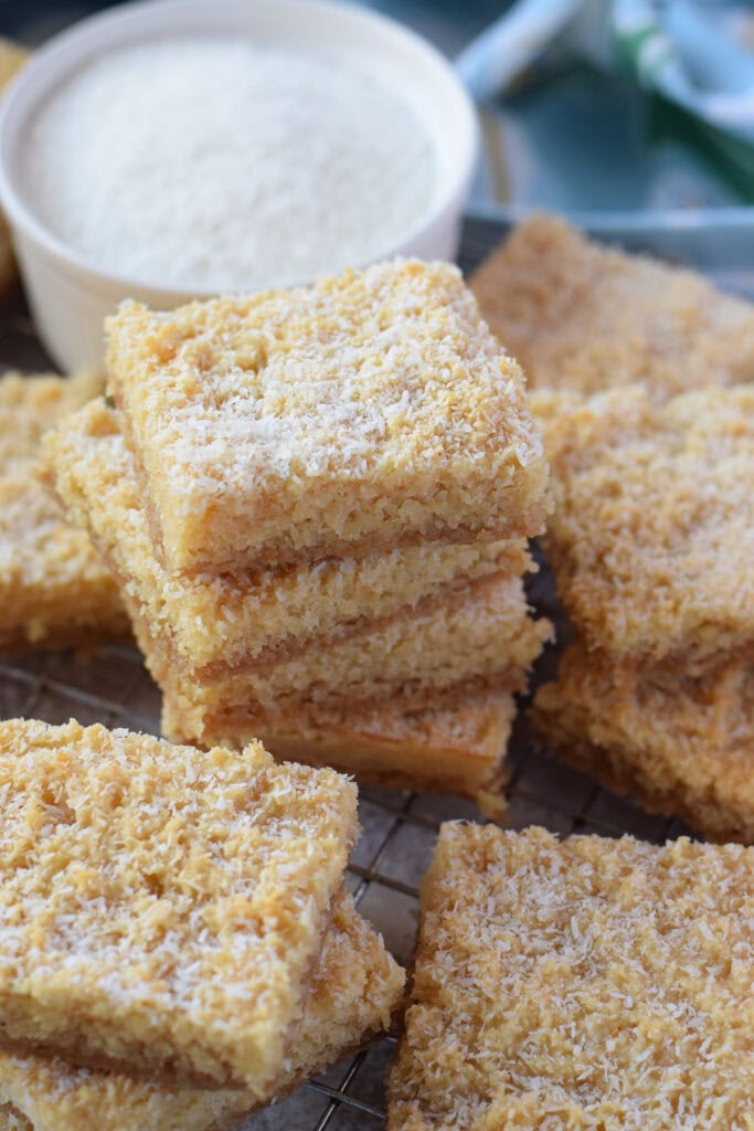 Chewy coconut bars with a bowl of coconut.