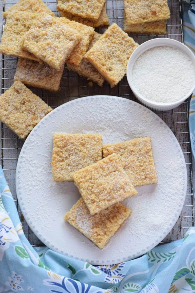 Coconut bars on a plate.