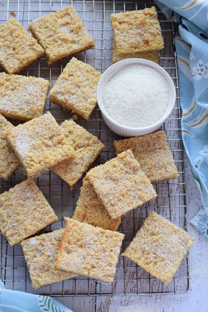 Coconut bars on a tray.