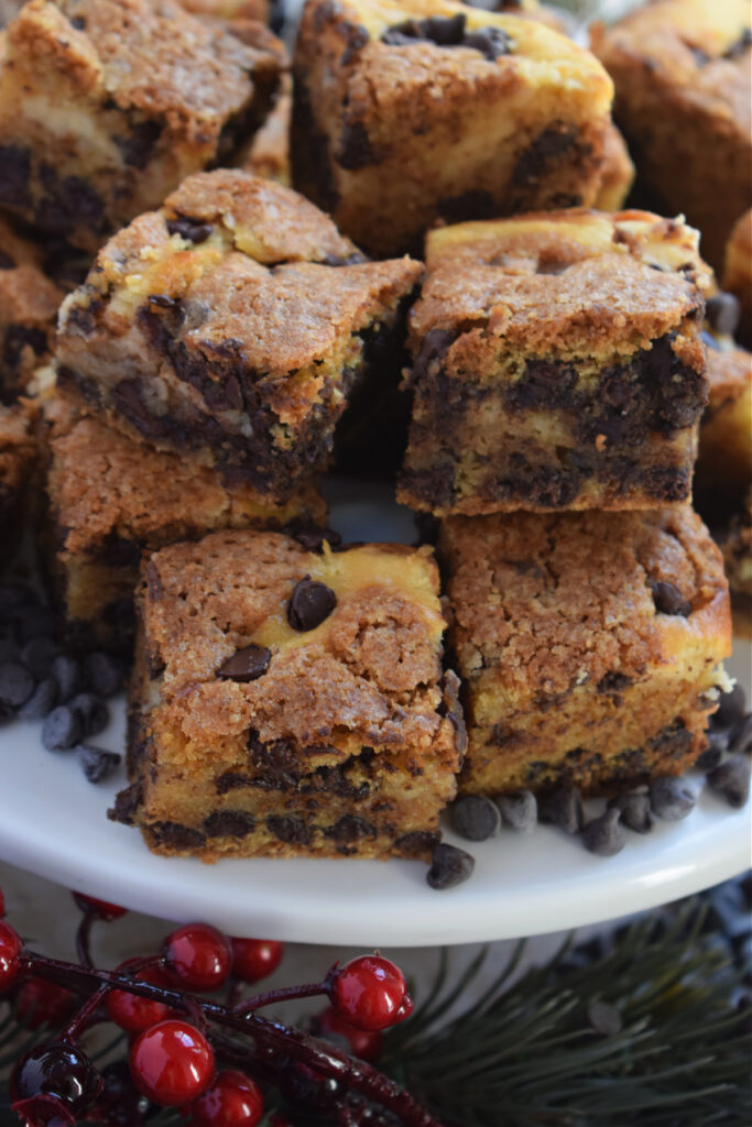 Close up of chocolate chip cream cheese cookie bars.