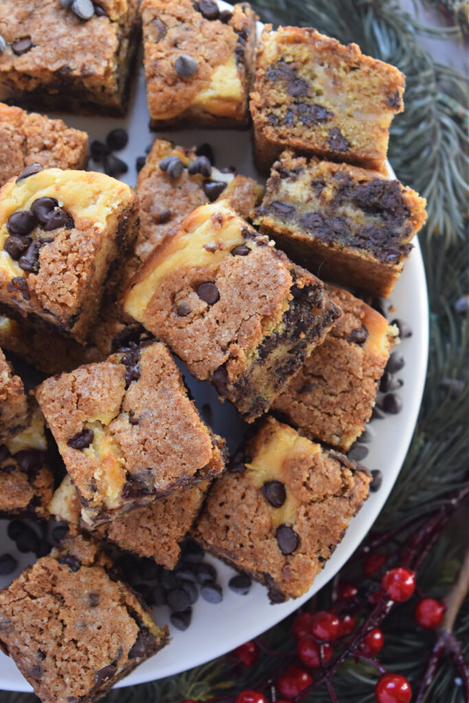 Cookie bars on a white plate.