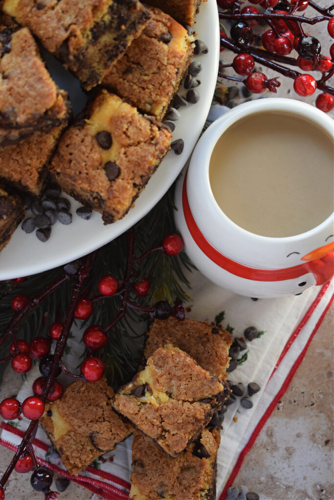 Cookie bars with a cup of coffee.