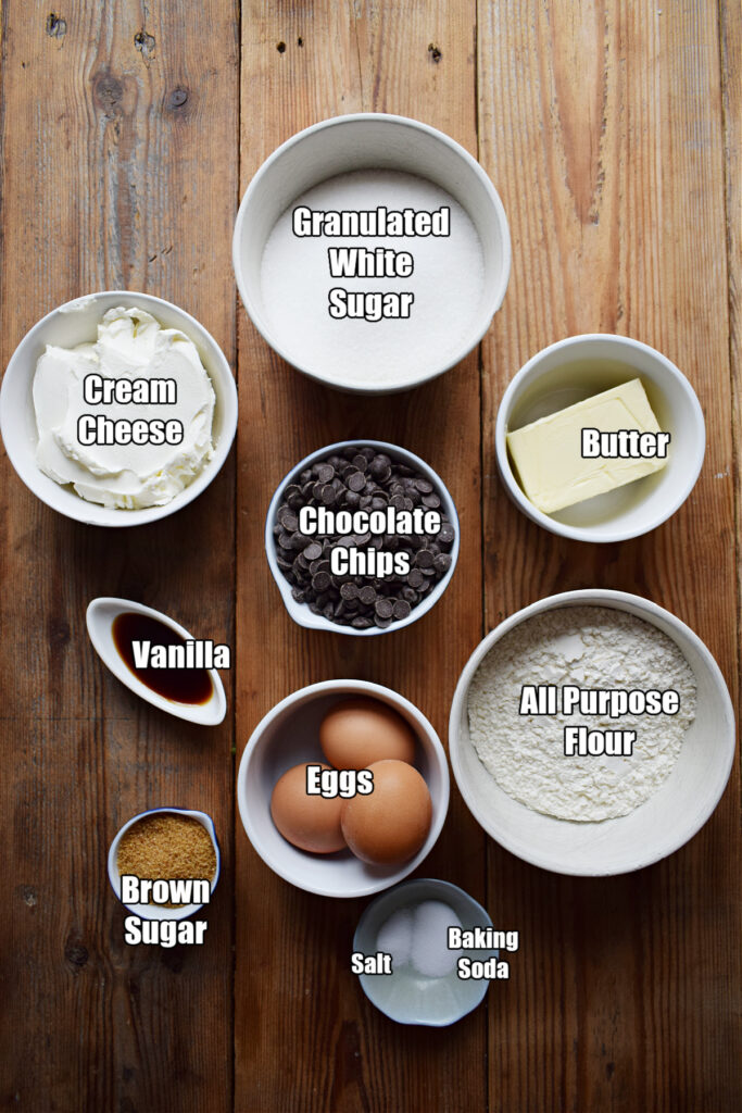 Ingredients to make cream cheese chocolate chip cookie bars.