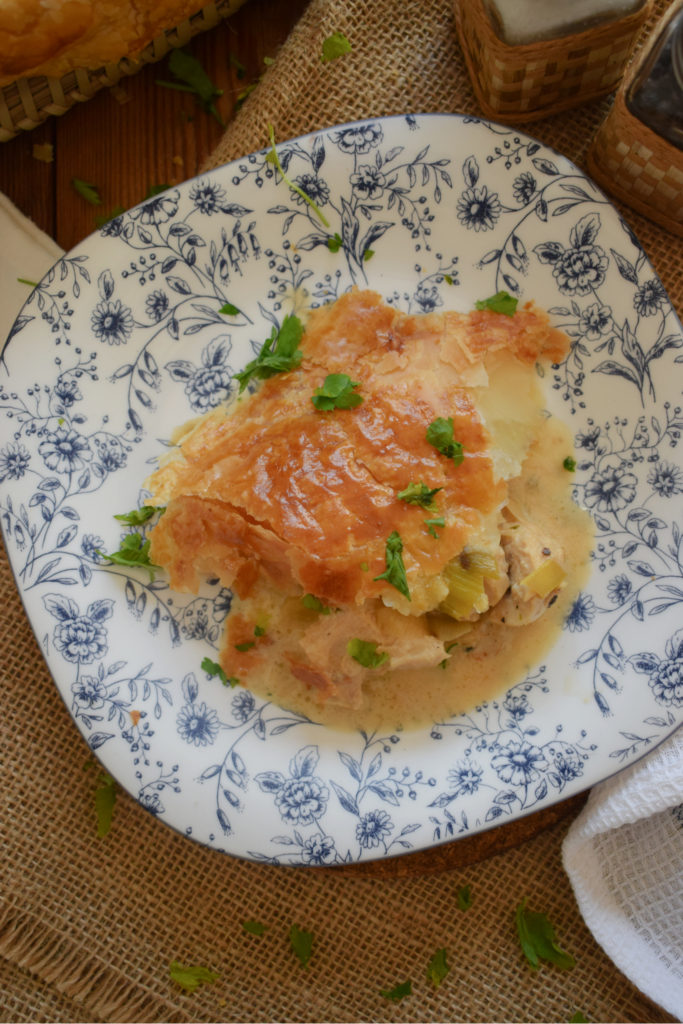 Creamy Chicken & Leek Pie on a floral plate