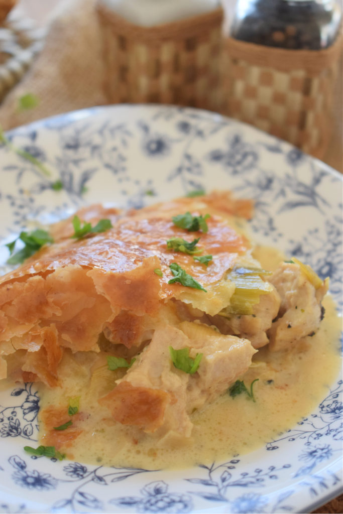 close up of the creamy chicken and leek pie