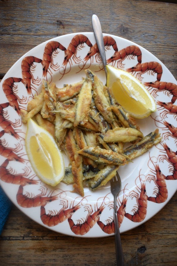 over head view of the pan fried anchovies
