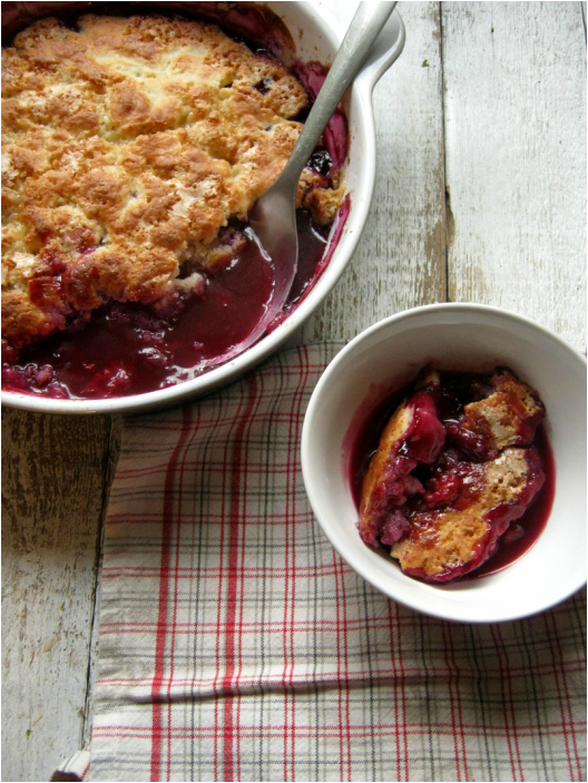 over head table setting view of the Blueberry & Raspberry Baked Pudding Cake