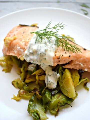 close up of the baked salmon with sauteed brussel sprouts
