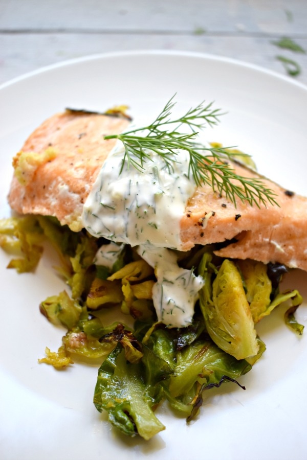 close up of the baked salmon with sauteed brussel sprouts