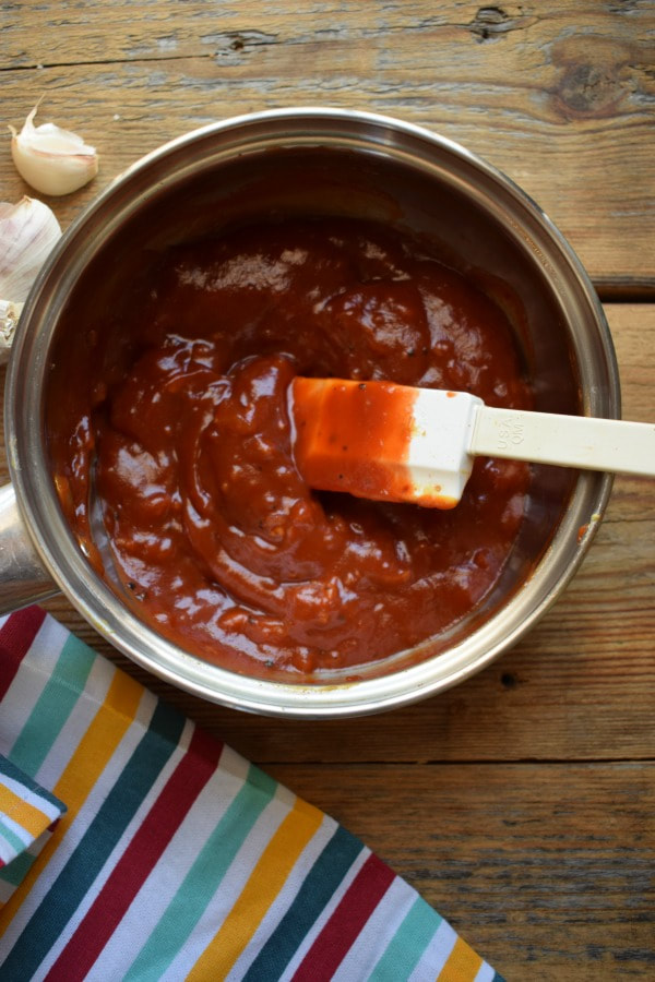 Overhead view of the barbecue sauce in a saucepan