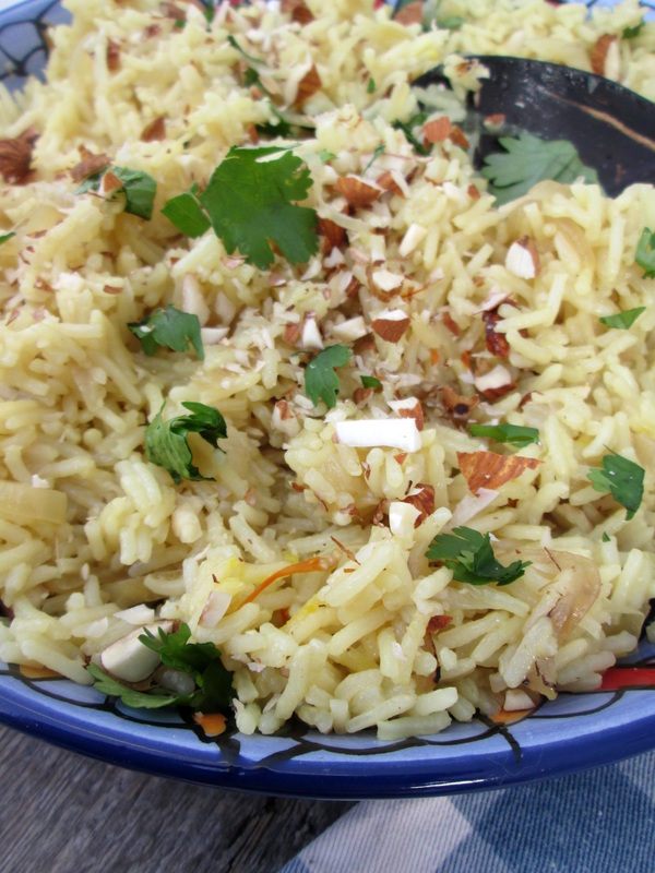 close up of the Caramelized Onion & Almond Rice Pilaf 