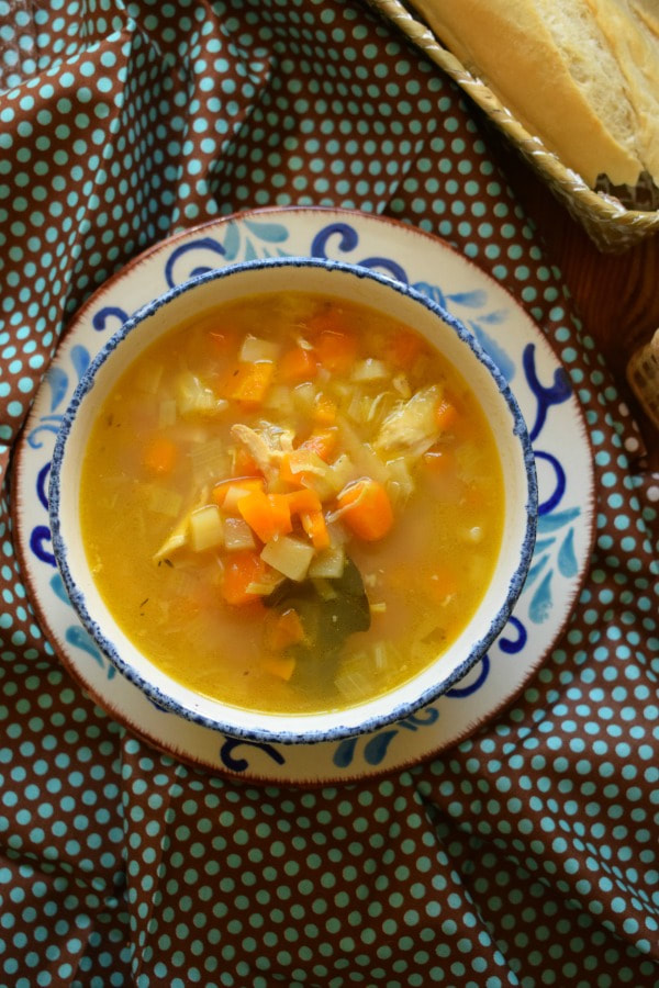 over head view of the leftover chicken vegetable soup
