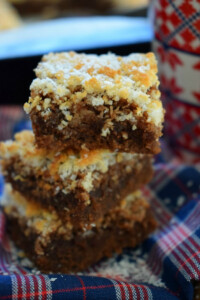 A stack of chocoalte macaroon brownies