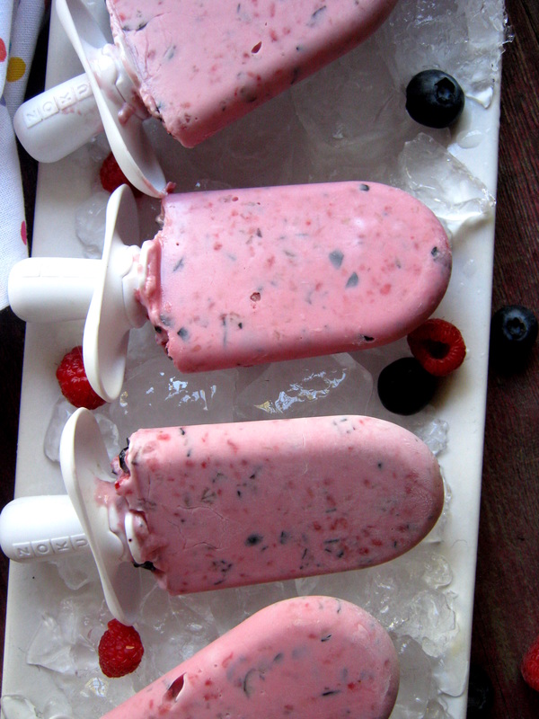 Raspberry & Blueberry Frozen Yogurt Pops on a white serving platter