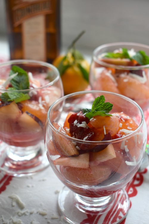 Boozy fruit cups in little glass cups