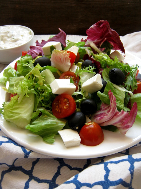 close up of the Greek Salad with Tzatziki Dressing